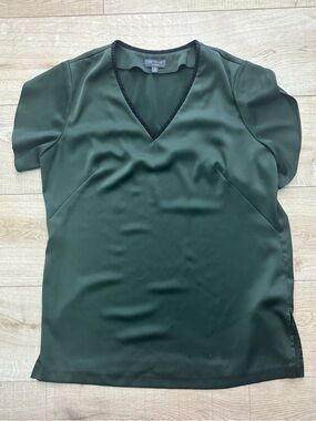 The Limited Dark Green V-Neck Short Sleeve Satin Blouse Beaded Neckline